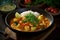 Indian chicken curry recipe served in a black plate. Ai generated