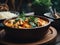 Indian chicken curry with rice in bowl on wooden table, selective focus