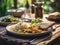 Indian chicken curry with rice in a plate on a wooden table.