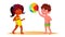 Indian Child Girl And European Boy In Beach Suits Playing Ball On The Beach Vector. Isolated Illustration