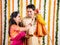 Indian Couple performing or celebrating Gudi Padwa Puja