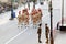 Indian crowd cheering and celebrating flag hosting event performed by Border Security Force of Indian Army at Wagha Border, India.