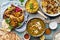 Indian cuisine dinner: tandoori chicken, biryani