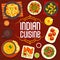 Indian cuisine menu cover, dishes of spice food