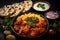 Indian culinary delight Chicken tikka masala, basmati rice, appetizers