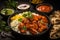 Indian culinary delight Chicken tikka masala, basmati rice, appetizers