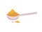 Indian curry spices powder in spoon, cartoon vector illustration. Measuring metal scoop with turmeric herb powder, side.