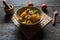 Indian dish aloo jeera or potato saute with cumin and coriander. Aloo jeera is served with roti, puri or chapati
