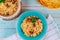 Indian dish rice with curry, meat and pita bread