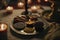 indian diwali festival, burning lamp and candles on table