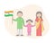 Indian Family Of Three Members Standing Together On White Background. Father, Mother, Daughter Characters With Outline