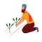 Indian farmer man kneeling and holding crop plant flat cartoon style