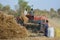 Indian farmers separating husk and wheat grains from the chopped wheat using a thresher machine.