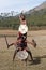 Indian fighters with sword and shield - Kalaripayattu marital art demonstration in Kerala, India