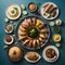 Indian food on blue background. Assorted Indian dishes, top view. generative ai