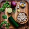 Indian Food ingredients placed on a wooden tray