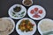 Indian Food - Mushroom soup, saag greens, salad, chapati Indian flat bread, matar paneer mix veg and chawal rice