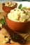 Indian food pongal with cashew nuts, pepper and curry leaves