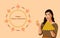 Indian girl with thali of laddoo sweet on flat color background, Circular pattern created with objects like kites laddoo and