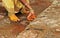 Indian Hindu woman applying turmric and vermilion to temple steps during Bonalu festival