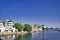 Indian Houses next to a lake located in Udaipur city in Rajasthan state, India