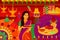 Indian lady with diya Happy Diwali festival background kitsch art India
