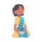 Indian Little Girl Wearing Sari Sitting on the Floor with Bowl Having Meal Vector Illustration