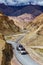 Indian lorry trucks on highway in Himalayas. Ladakh, India