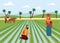 Indian male and female farmers working in paddy field flat cartoon style