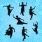 Indian Male Man Dancer Various Poses Silhouettes On Blue Sunburst Bokeh Background