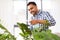 Indian man spraying houseplant with water at home