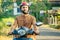 Indian man wear helmet and ready to driving explore india attractions of Goa