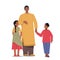 Indian Man Wear Long Yellow Robe and Brown Pants Holding Children by Hands, Father Character in Traditional Clothes