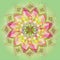 INDIAN MANDALA FLOWER. PASTEL COLORS PALLET. BRIGHT IMAGE. PLAIN LIGHT GREEN BACKGROUND CENTRAL FLOWER IN GREEN, BROWN, PINK,