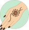 Indian mehendi temorary sacral tattoo for wedding on woman hand, henna art in arabic culture