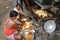 Indian men preparing samosas with vegetarian ingredients on the street in Kolkata. India