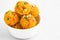 Indian Mithai Jodhpuri Ladoo Also Called Boondi Or Bundi Ladoo Made Of Gram Flour Besan Desi Ghee In White Bowl.Laddoo Is Served