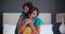 Indian mother, child and smile with hug in portrait for love, bonding and affection in bedroom. Family, face and happy