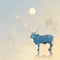 Indian Mountain landscape with a blue cow and golden horns 3d Polygonal art