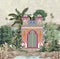 Indian mughal royal gate, indian ancient architecture, tropical tree vector illustration.