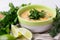 Indian Mulligatawny soup with lentil, parsley. Copyspace, horizontal view.