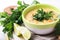 Indian Mulligatawny soup with lentil, parsley. Copyspace, horizontal view.