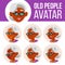 Indian Old Woman Avatar Set Vector. Hindu. Asian. Face Emotions. Senior Person Portrait. Elderly People. Aged. Emotions