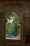 Indian Peafoul, bird displays courtship in stone window, Ratnhamore ruin, India. Bird mating dance. Indian Peafowl, Pavo cristatus