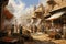 Indian people in the city of Jaipur, Rajasthan, India, A bustling bazaar scene with crowded stalls selling spices, fabrics, and