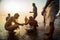 Indian Pilgrim doing his morning prayers in the river Ganges in Varanasi uttar pradesh India