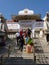 Indian pilgrims descend temple stairs