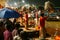 Indian priest blessing people in Varanasi Ganga Aarti at holy Dasaswamedh Ghat, near Kashi Vishwanath Temple.