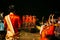 Indian priest blessing people in Varanasi Ganga Aarti at holy Dasaswamedh Ghat, near Kashi Vishwanath Temple.