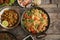 Indian Pulav or Vegetable Pulao with Chana Masala and Dal Makhani